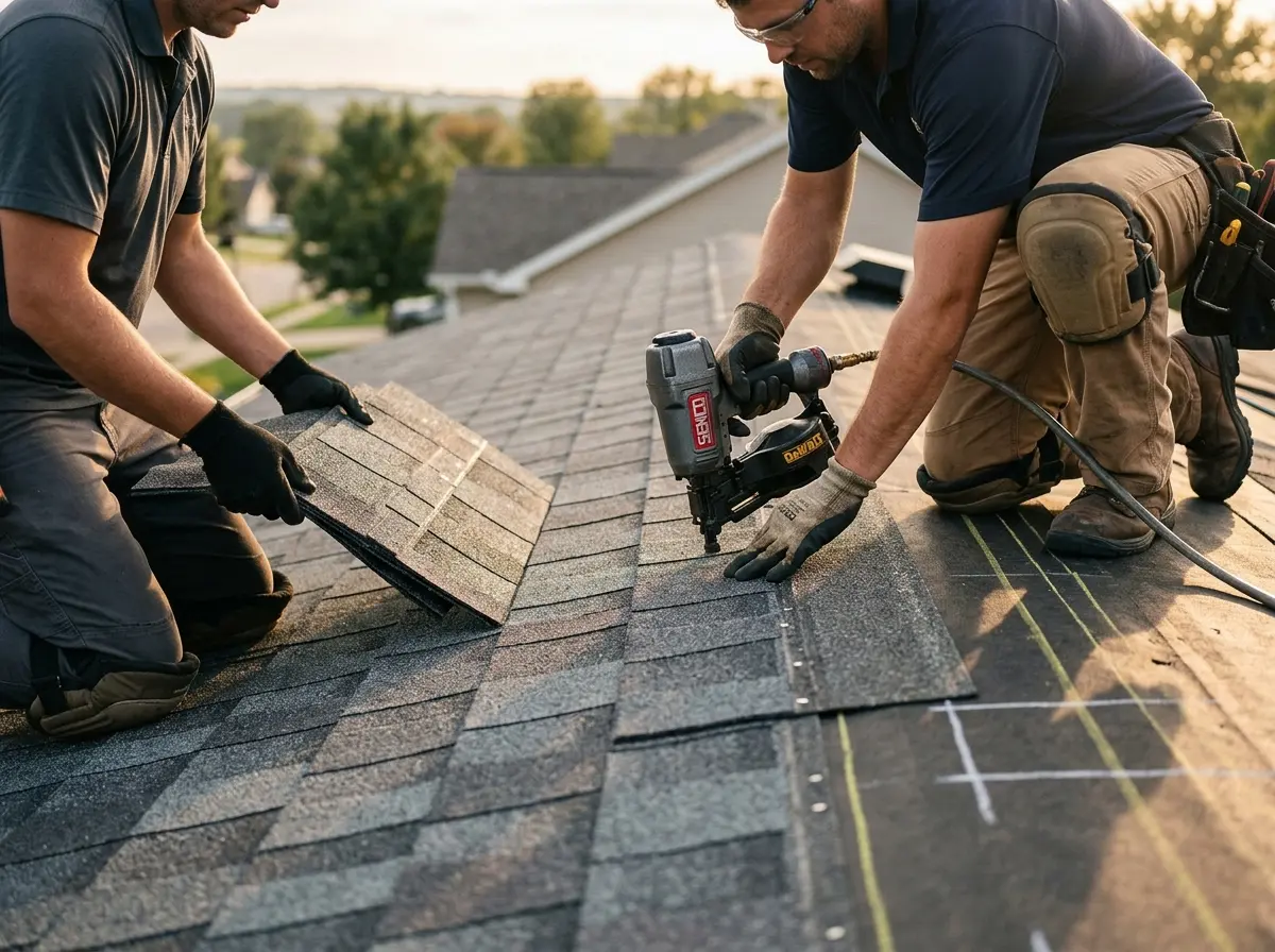Professional roofer working on a residential roof in Wright City